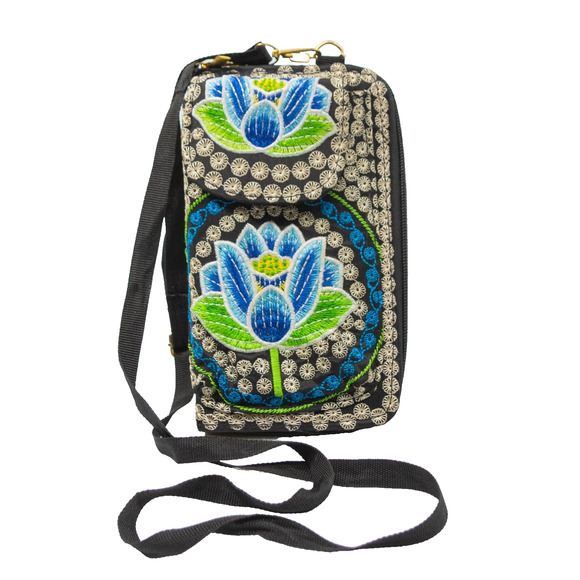 Womens Vintage Embroidered Floral Crossbody Wallet Removable Adjustable Strap - Picture 1 of 10